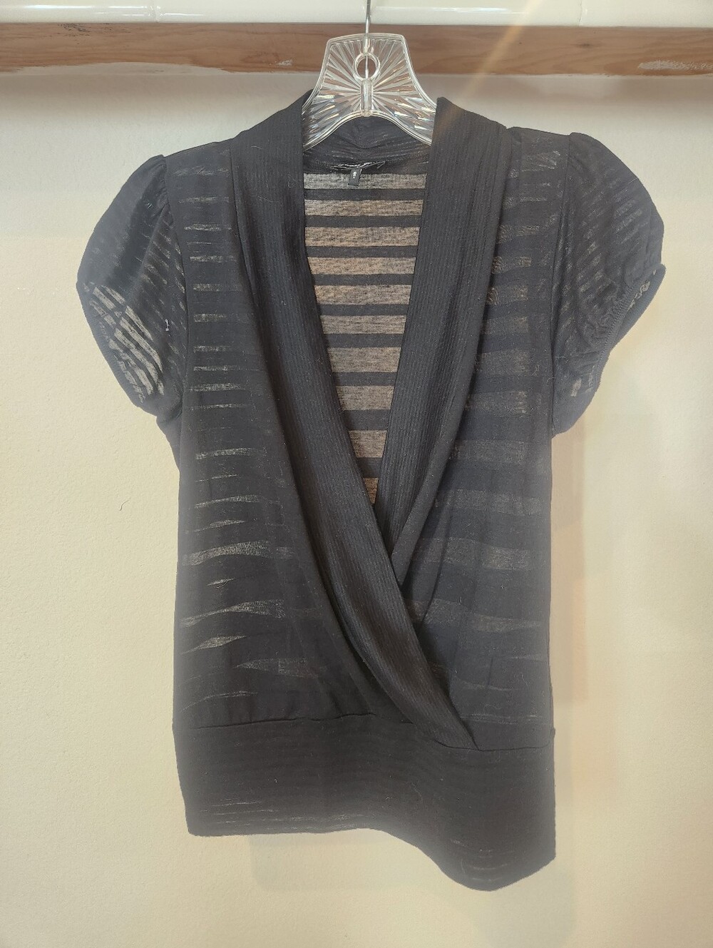Guess Black Sheer Striped V-Neck Top